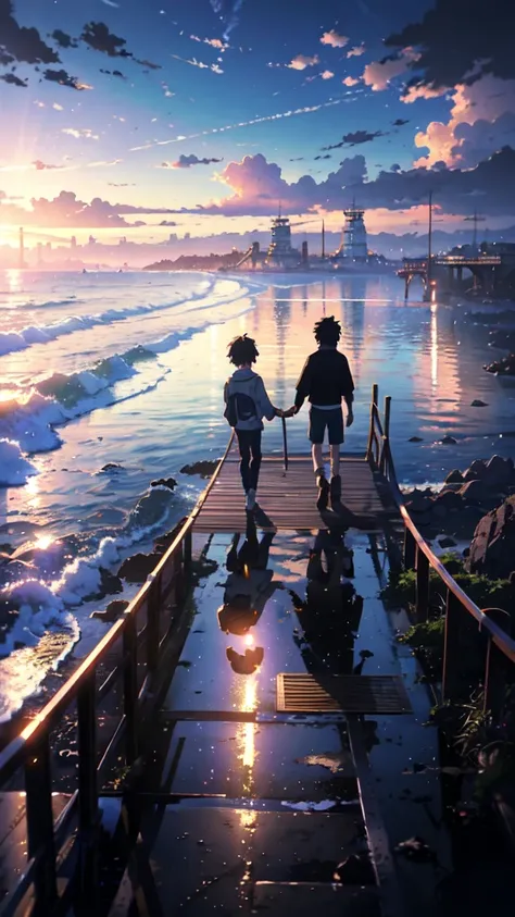  High Quality Masterpiece  ，landscape，Reflector。 Works by Makoto Xin Haicheng, Beautiful anime scene, アニメのlandscape, 詳細なlandscape ,  Animation of a train running over  , Makoto Shinkai style，Blue Sky,morning, Photo Elements  　Seaside　pier　 casual clothes 　...