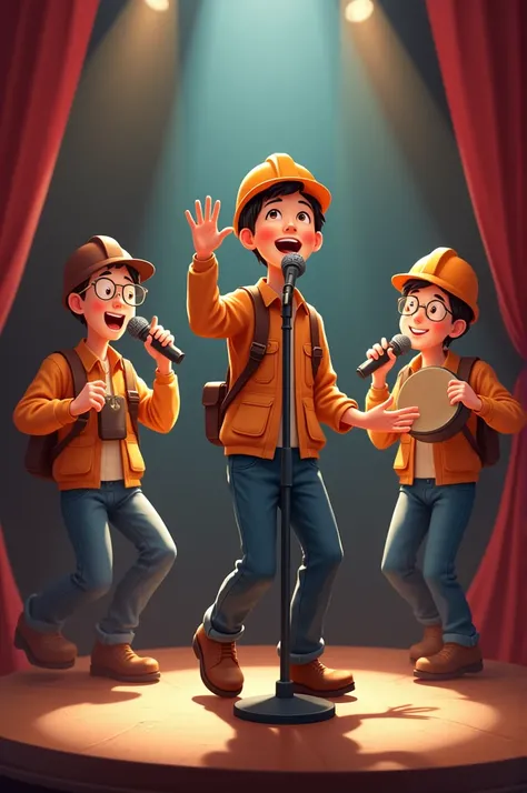 Cheerful young miner singing with a pedestal microphone ,  accompanied by another miner with lenses and Chinese hair with microphone in hand accompanied by a cheerful and friendly miner playing a calling drum the quardonminero is a cheerful teenager singin...