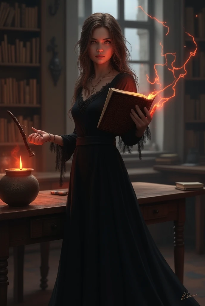 Brown haired girl with discreet appearance wearing a long black dress, red eyes, right hand holding a wand, left hand holding a book, magic classroom background