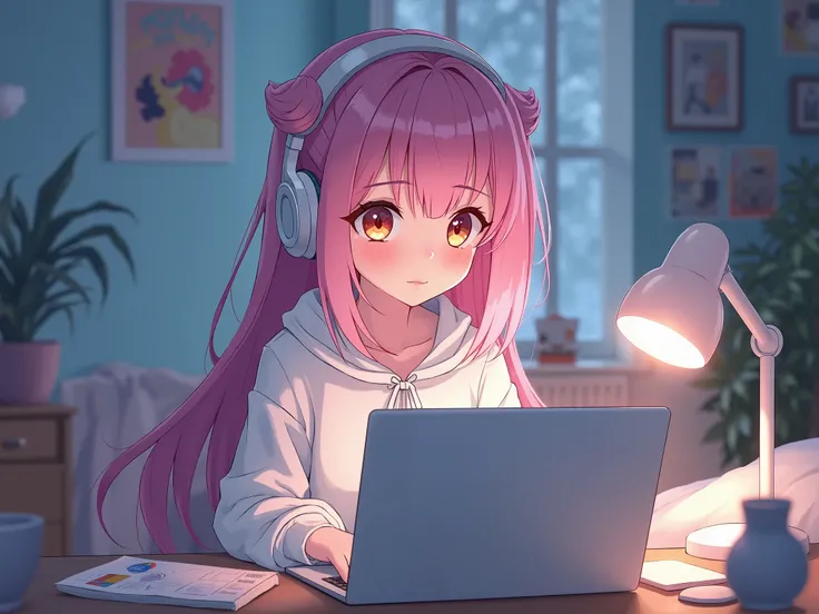 anime style girl sitting in her room working on laptop with headphones.