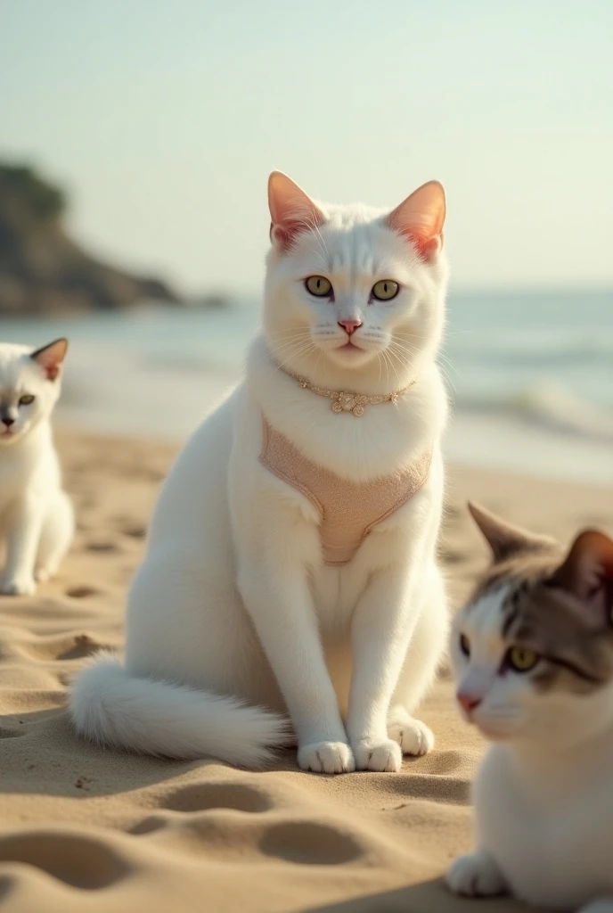 There is a beautiful beach. On that beach, a beautiful white cat is sitting on the ground in a bra and panty. There are more cats around.a portrait photography of