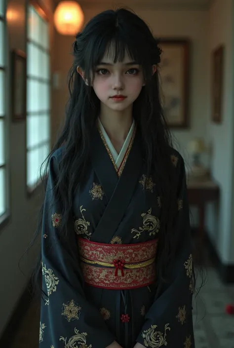 Realistic like a photo, full body, dark atmosphere, pretty female late teen, big wide eyes, wearing kimono, obi, thin bang, black hair, very long hair, pale white skin, small lips, master piece, photorealistic, amazingly detailed face, maximum resolution, ...