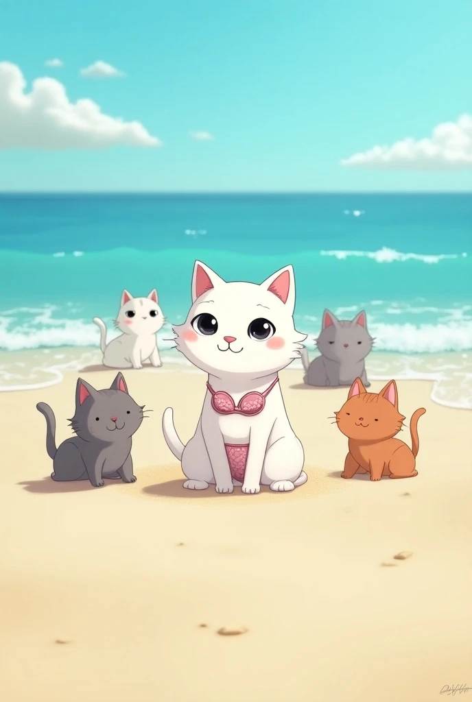 There is a beautiful beach. On that beach, a beautiful white cartoon cat is sitting on the floor wearing a bra and panties. There are many other cats around