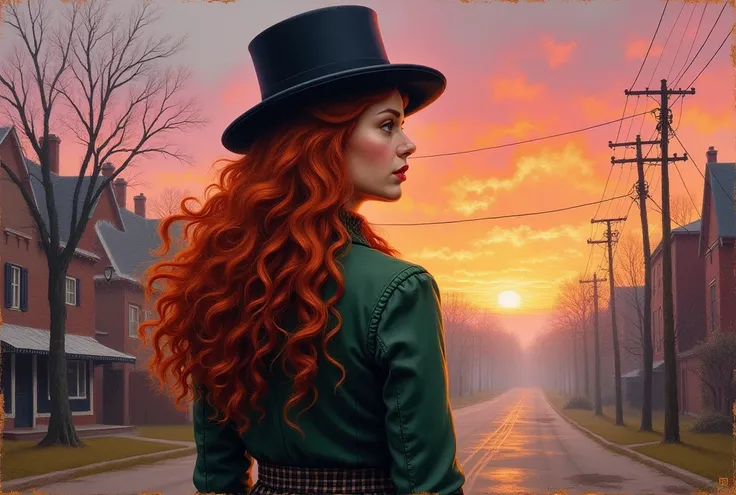 A beautifully crafted oil painting with vibrant colors and thick brush strokes of a woman in the Victorian era, dressed in a brown plaid skirt, a fitted green coat and a top hat, her hair is loose under the hat and is long red color and with many curls, ar...