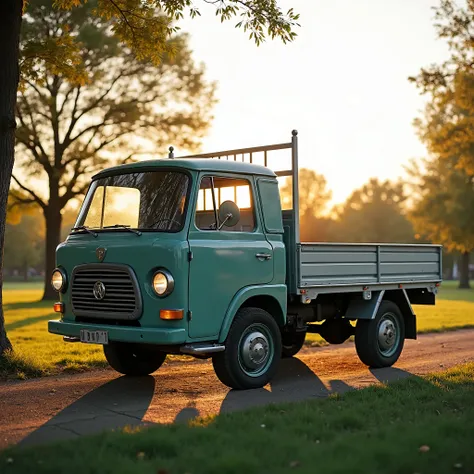  car van flatbed,  Minni LKW,  diagonally frontal ,  late afternoon , Park 