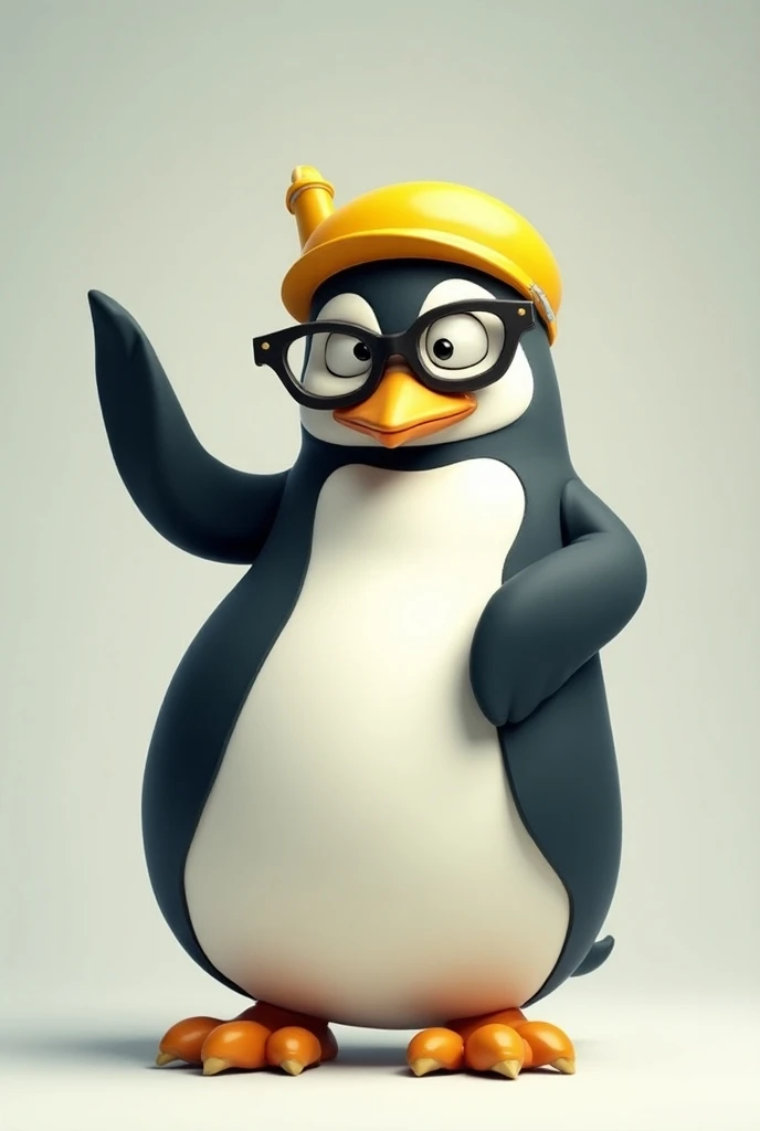 Draw me a penguin with glasses wearing a caricatur-style yellow pilots hat and playing