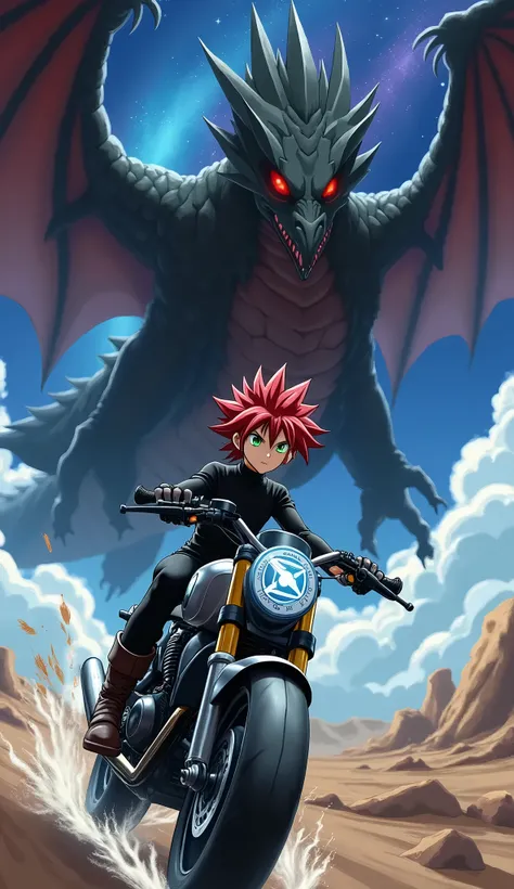  Animated boy red hair green eyes a serious expression toned body clothes a black shirt long sleeve tight black pants tight dark brown boots riding a futuristic motorcycle at full speed with his safety helmet on invoking his monster card syncornia badge "b...