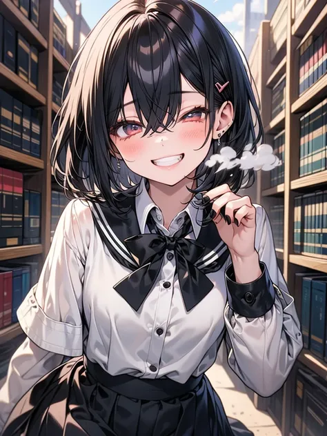 masterpiece, best quality, 16k, nsfw, detailed eyes, 1 girl, ((take off button of shift)), 28yo, medium hair, black hair, hair is between eyes, round eyes, oval eyes, kind eyes, (harf-closed eyes:0.8), grin, blush, orgasm, steam, school uniform, library