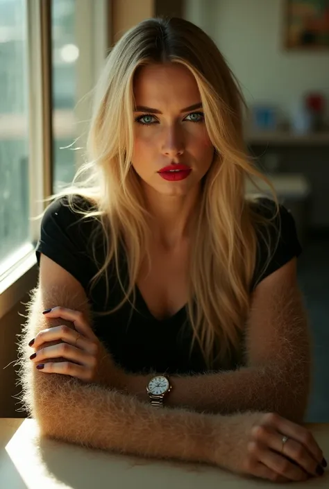 A beautiful 1 woman wears a black top and has Long hair and she wears red lipstick and black eyeliner and she has blonde hair and blue eyes and ihre Arme Sind Stark behaart mit Blonden haaren und ihre Nägel sind gemacht und she puts them on the table, the ...