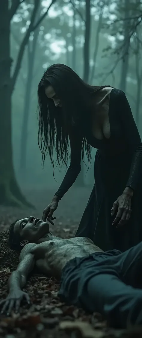 a scary female perched over a lifeless  in the forest, dark and grim forest scene, female figure looming over dead body, dramatic lighting, unsettling atmosphere, horror, chiaroscuro, moody colors, cinematic composition, highly detailed, photorealistic, 8k...