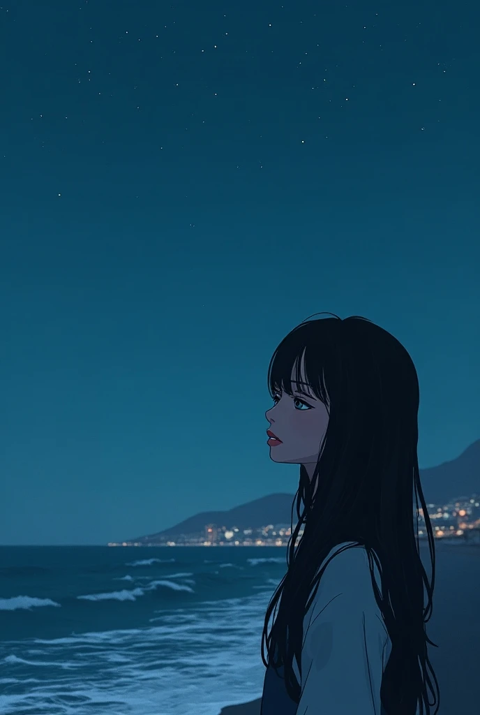  A young woman with long dark hair ,  looking out to sea in a coastal city  ( Saint Monica ) during a starry night.  Her face is turned to the left ,  with an introspective expression and that says "One night, A Destiny " in the upper center of the image 
...