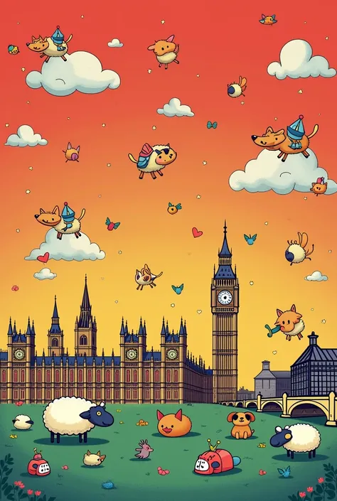 Create a playful cartoon parody inspired by the album cover Celebration Day by Led Zeppelin. In this version, feature a colorful cartoon London skyline, with iconic landmarks simplified and softened into a whimsical style. Add a variety of cute cartoon ani...