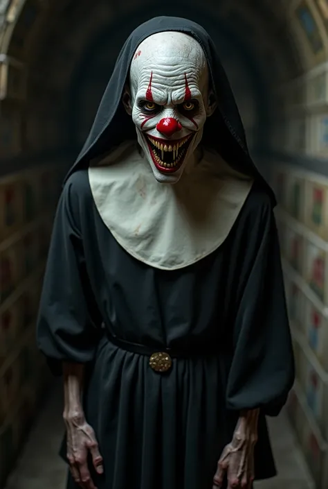 Hairless clown, ancient killer, original sinister look never seen before in a nuns costume 