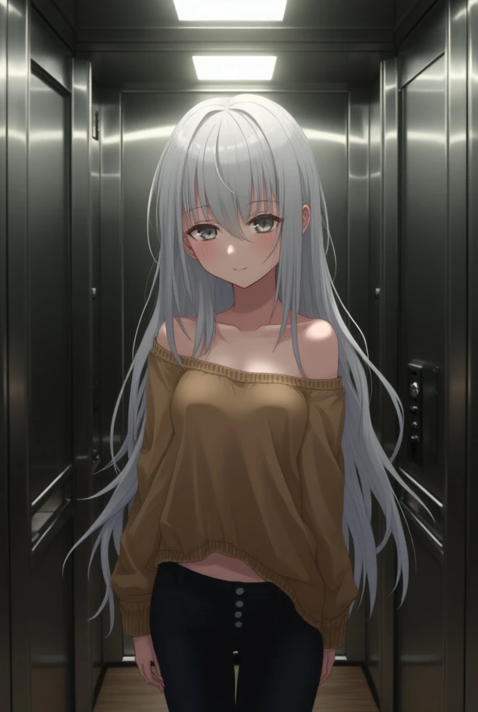 In an elevator with a cold looking white haired anime girl tan sweater of the shoulder a little bit warm colours and black pants