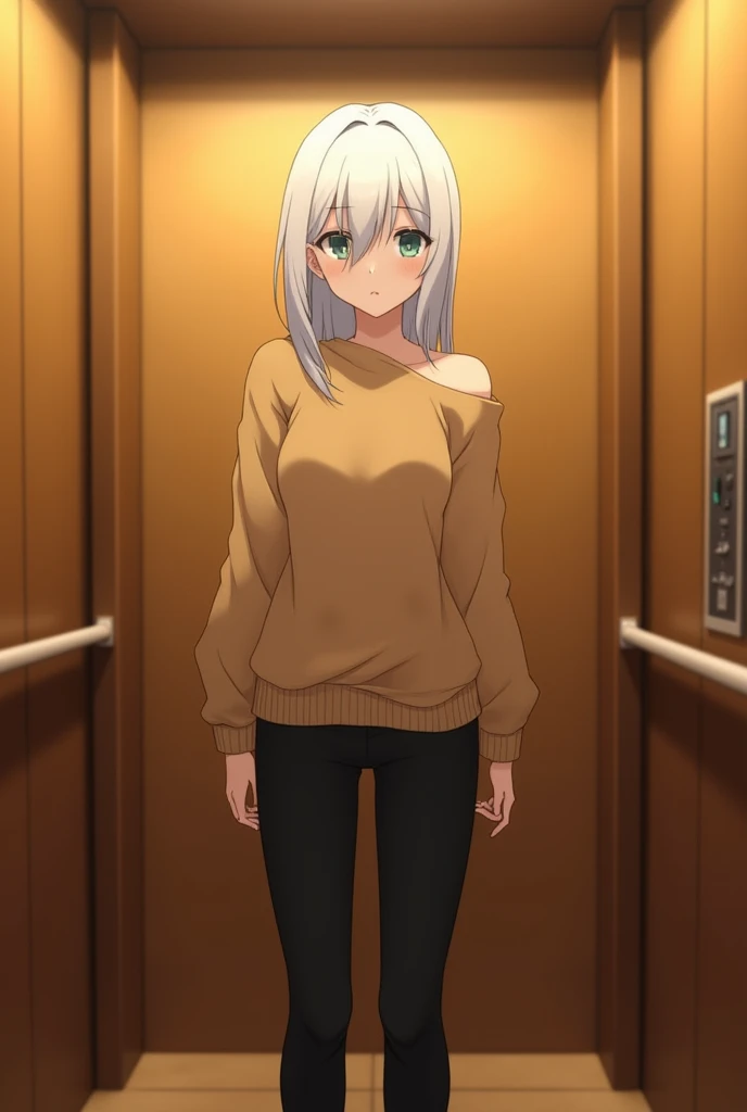 In an elevator with a cold looking white haired anime girl tan sweater of the shoulder a little bit warm colours and black pants tan elevator 