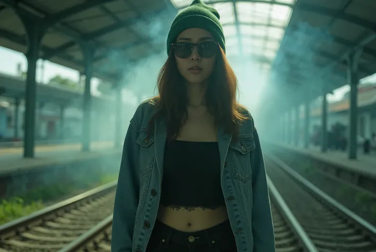 A portrait of a Thai woman with an intense expression, wearing a green beanie hat and sunglasses. She is dressed in a denim jacket over a black wide-neck shirt, paired with black jeans that are ripped just above the knees. Standing in a railway station, sh...