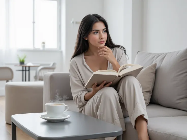 A young woman with striking blue eyes and shiny black hair sits comfortably on a modern, minimalist couch, absorbed in a book. She wears relaxed long trousers, and beside her on a sleek coffee table, there is a steaming cup of coffee. The background featur...