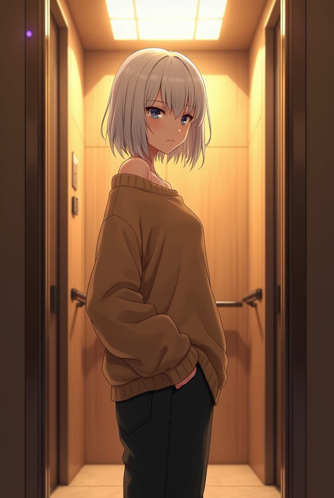 In an elevator with a cold looking white haired anime girl tan sweater of the shoulder a little bit warm colours and black pants tan big elevator 