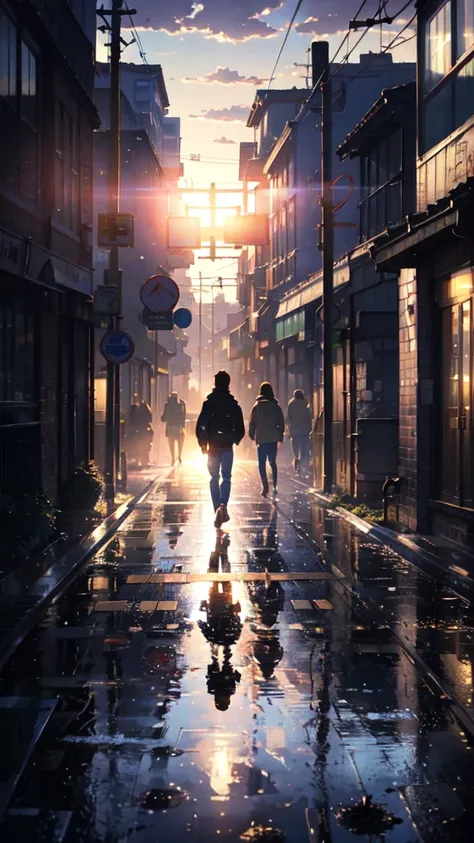  High Quality Masterpiece  ，landscape，Works by Makoto Xin Haicheng, Beautiful anime scene, アニメのlandscape, 詳細なlandscape ,  Animation of a train running over  , Makoto Shinkai style，Blue Sky,morning, Black-haired. Puddle on the street,Urban roads ,People pas...