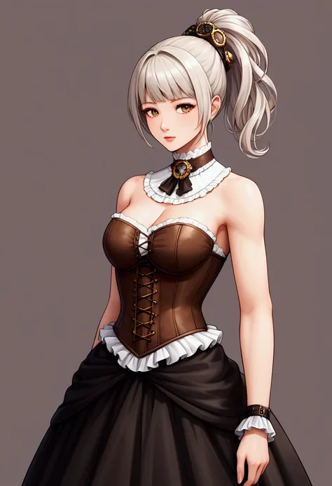 A sexy and beautiful ((steampunk girl)), ((white fringe + ponytail hairstyle)), ((brown corset)), ((black skirt)), fishnets, ((elaborate white hairstyle)), 