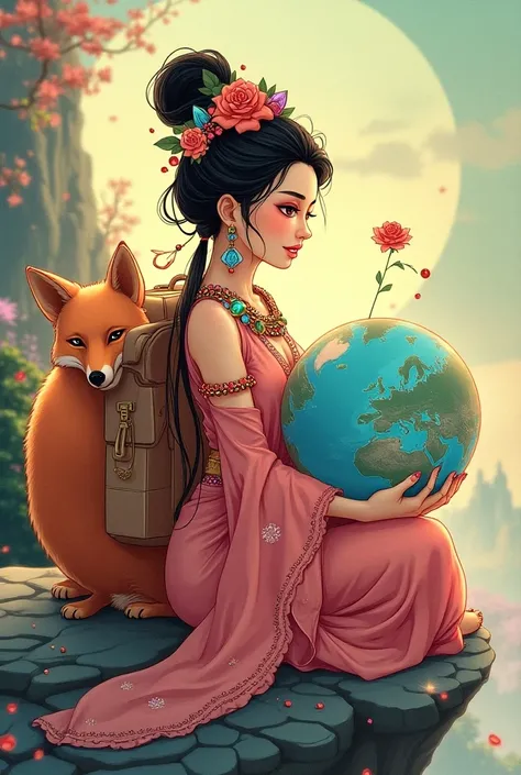  Create a bright colorful cartoon tarot card illustration , close-up of an incredibly beautiful Chinese goddess with a backpack on her shoulders with precious stones sits on the edge of a cliff with planet earth in her hands and holds a rose in a flask nex...