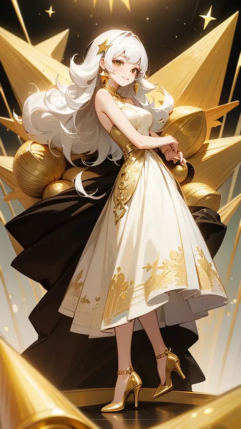  high resolution on down,  1 girl, smile,  dress with alternating white and gold 、 luxurious dress with intricate design 。GOLD embellished dress 。GOLD accessories、 High Heels 。 dress with GOLD star motifs 。 Voluminous Luxurious Dress 。8K Octane, whole body...