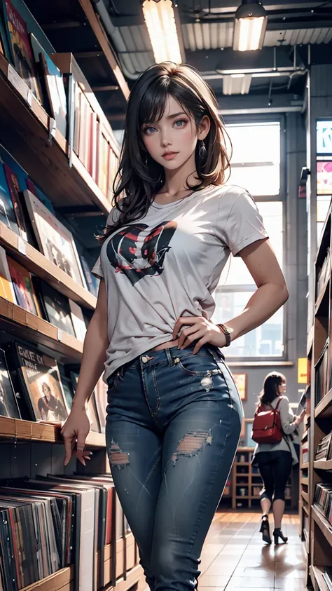 Inside an 80s record store 、 select a large number of records on the shelf 、24 year old Caucasian female、Silver Hair、 T-shirt with the rock band logo printed on it、 skinny jeans 、Stiletto heels