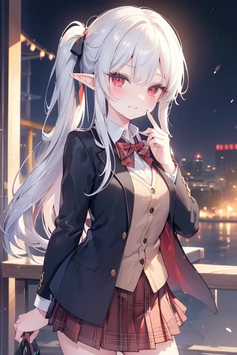 ((masterpiece, best quality, highres, UHD, perfect pixel, depth of field, 4k, RTX, HDR))), 1girl, elf,single, solo, beautiful anime girl, beautiful artstyle, anime character, ((long hair, bangs, silver hair, pony tail ,straight hair:0.8)), ((red eyes:1.4, ...