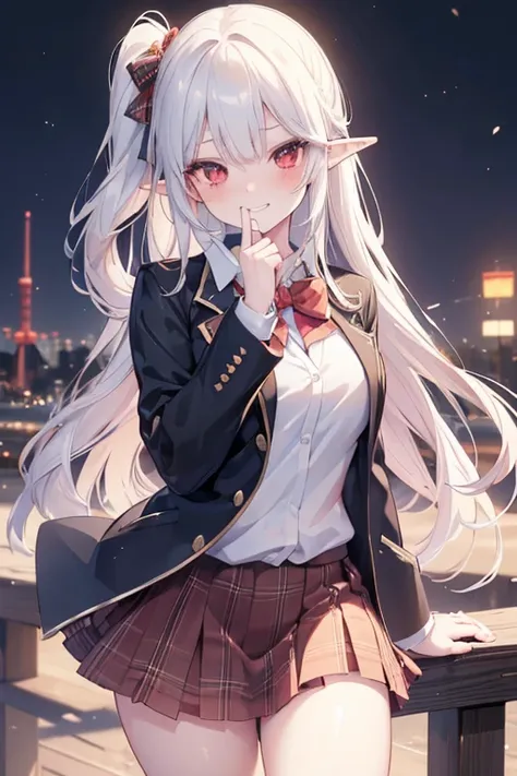 ((masterpiece, best quality, highres, UHD, perfect pixel, depth of field, 4k, RTX, HDR))), 1girl, elf,single, solo, beautiful anime girl, beautiful artstyle, anime character, ((long hair, bangs, silver hair, pony tail ,straight hair:0.8)), ((red eyes:1.4, ...