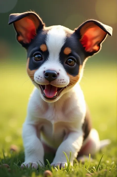 Pincher breed puppy with its straight, white-black-brown ears