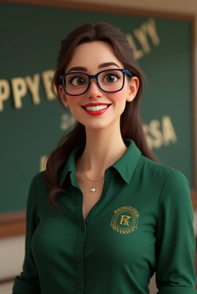 A teacher 
Wearing green blouse with Princeton Logo
With eye Glasses
Long Hair, but tied to the back, put the hair on the right shoulder
Red lipstic
Perfect teeth
At the back theres a banner saying HAPPY BIRTHDAY JESSA