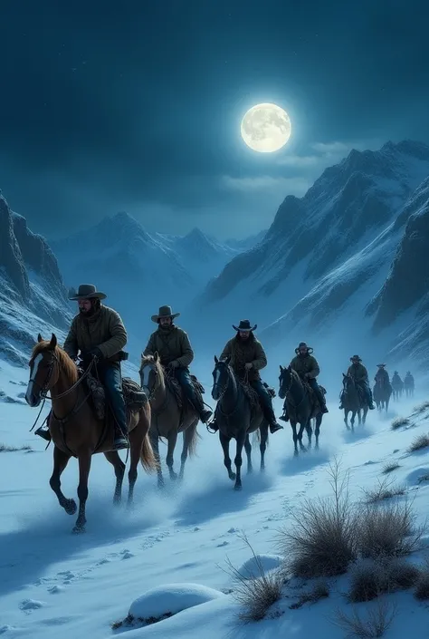 1899 , Night, winter, very cold,  cowboys with supplies and equipment on horseback walk in a jacket in front of the mountains. Видно звезды и Луна Nightю, beautiful view ,  but the deadly cold