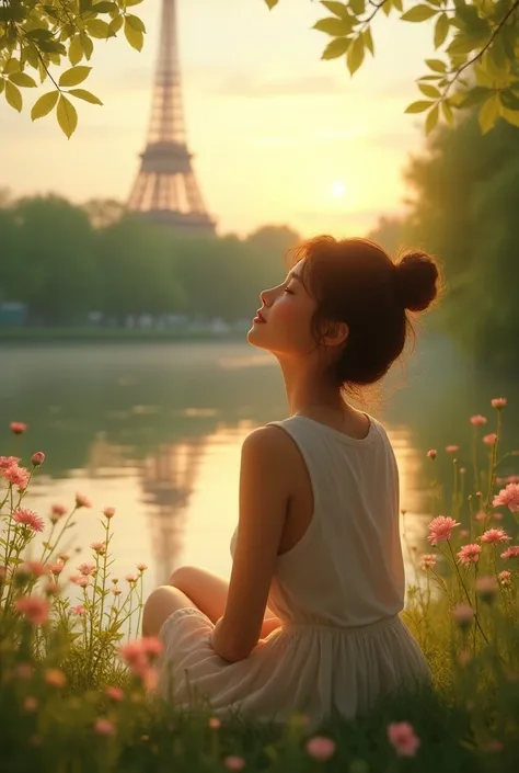 Refreshing evening a girl feeling cool greenery flowers surrounded lake background effil tower 