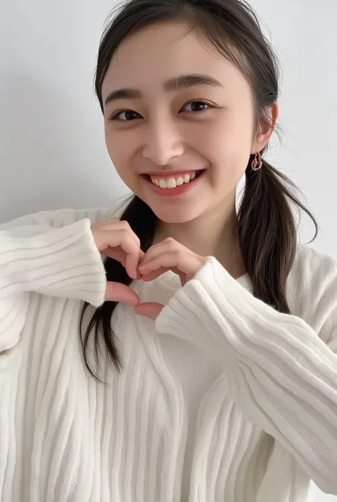 Only one woman with a cute smile wears cute, fluffy off-shoulder pajamas, makes a big heart shape with both hands, and poses them in front of her chest, View above collarbone、The background is a monotone 

