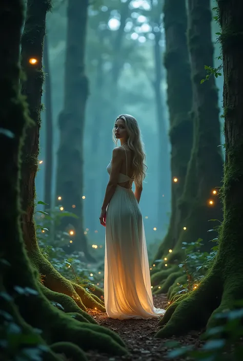  In a mystical forest at dusk , an elegant blond woman poses among tall, moss-covered trees . Ethereal lights ,  like floating orbs , surround the scene,  emitting a soft glow in shades of blue and gold ,  illuminating the face and figure of the woman .  S...