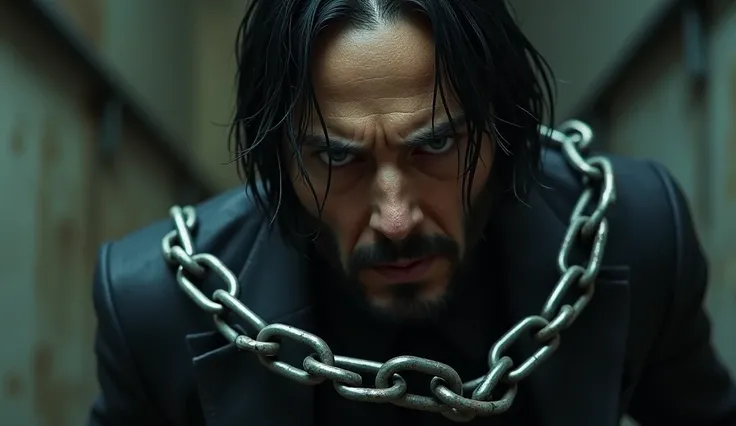 John wick dangerous scen captured by steel chain in his neck 

