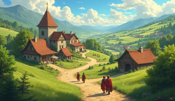 A small yet prosperous kingdom, with green fields and hard-working farmers. Villagers look respectful and content, going about their day in the village. The land is fertile, and the air is filled with pride and respect for their king.