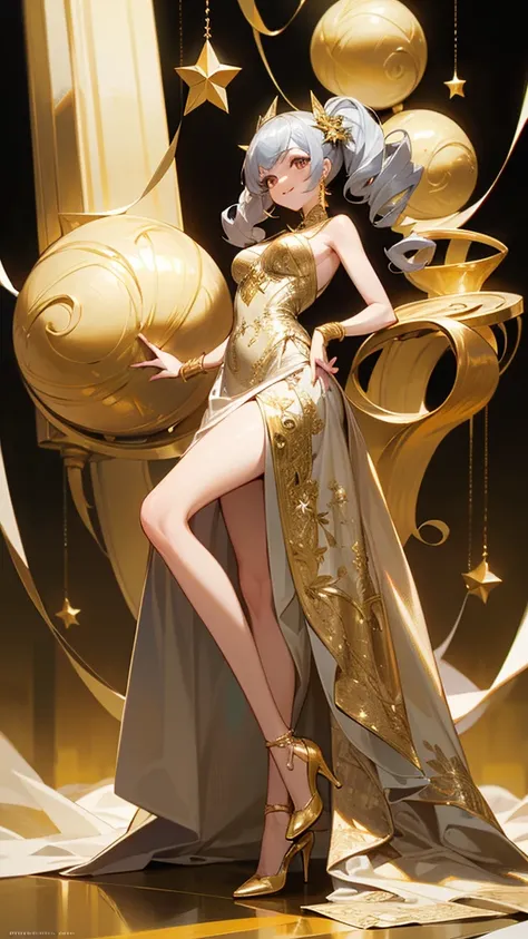  high resolution on down,  1 girl, smile,  dress with alternating white and gold 、 luxurious dress with intricate design 。GOLD embellished dress 。GOLD accessories、 High Heels 。 dress with GOLD star motifs 。 Voluminous Luxurious Dress 。8K Octane, whole body...