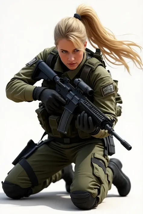 A young-looking ,  blonde woman wearing SWAT uniform and equipment ...。she&#39; s kneeling on one knee ,  holding an M-16 rifle .、 shooting with a flying ponytail 、 Dynamic composition at the moment of ejecting the cartridge