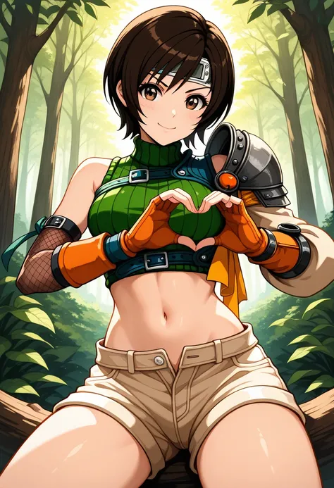 (masterpeace,Best Quality),(absurdres),(source_anime),intricate, hyper-detailed, pixiv style, BREAK 1girl, yuffie kisaragi, final fantasy, short hair,headband,navel,sleeveless,turtleneck,brown eyes,sleeveless turtleneck,solo,breasts,looking at viewer,smile...