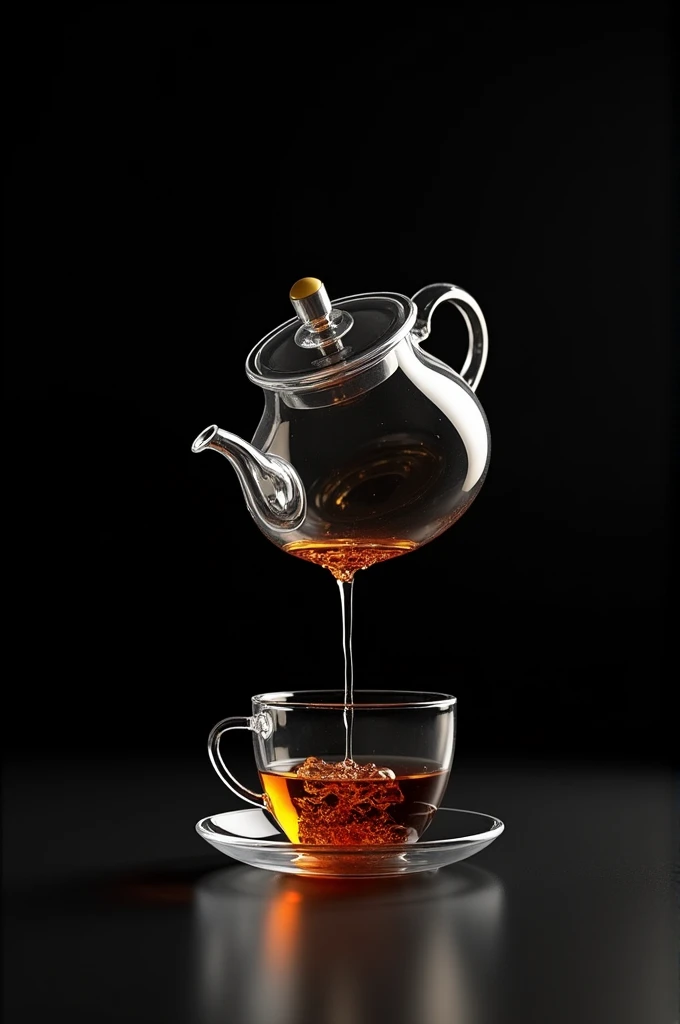 There will be tea in a cup, with tea pouring from a transparent kettle above into the cup. No human hands will be visible. The cup will be smaller compared to the kettle, and as it fills, tea will spill over the edge. The background will be black. It shoul...