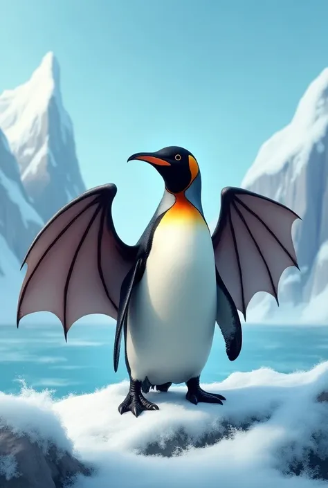 A penguin with bat wing 