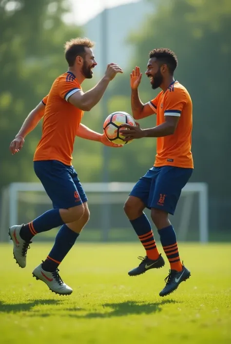 Scene 5: Both players start juggling the ball together, passing it between each other with incredible skill. They laugh and high-five.]