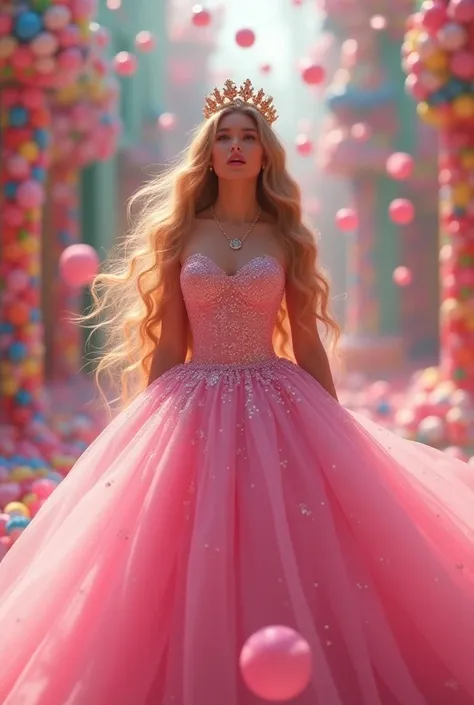 A long-haired princess unraveled , wearing a royal crown and wearing a formal royal gown that covered her entire body and her chest in pink was standing with a shocked facial expression in the candy kingdom.