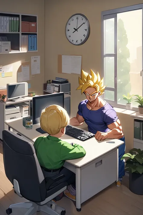 Blond-haired trunks DE Dragon Ball and Videl work in an office in front of a desktop computer the view is back to the window