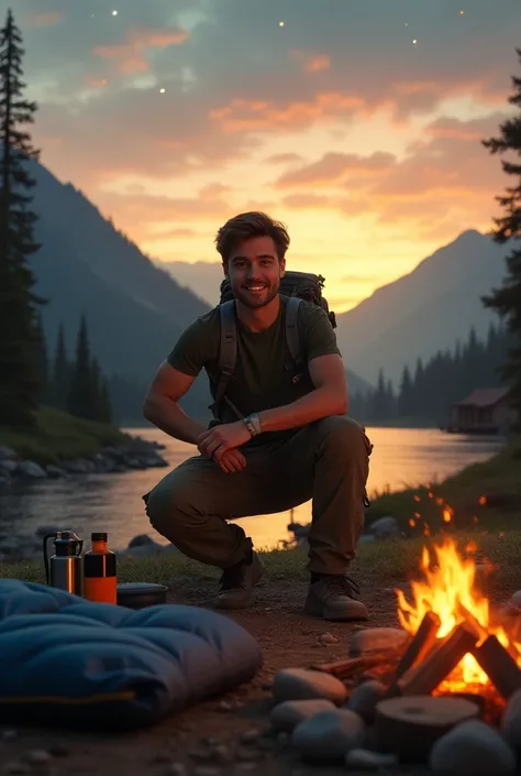 Man 20 years , cargo pants, ((full body, crouching, smiling, happy)), masterpiece, best quality, perfect eyes, perfect hands, perfect legs, ultra-detailed, solo, outdoor, (sunset), mountains, nature, (stars, cloud) cheerful, happy, backpack, sleeping bag, ...