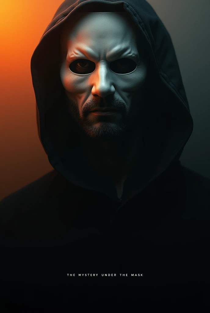  Create a movie poster . Black face in the middle and closer to the picture , he must wear a white mask covering the upper part of the face and with the persons face.  Gradient shimmering from orange to black from left to right. inscription below "The myst...