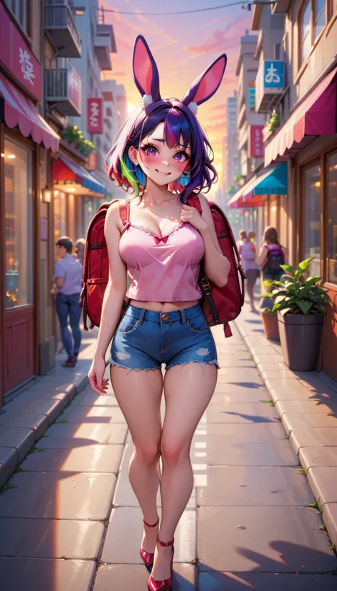 Girl with rabbit ears, walking on two legs, pink camisole, cute girls face, denim shorts, carrying a red backpack, B cup breasts, embarrassed and blushing face, frightened face, red stiletto heels, city with many skyscrapers, sunset sideways, looking at th...