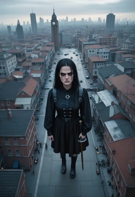 and angle from above the dark gothic city, the emos have taken over rioting, emos are crowding together holding weapons of war, they are getting angry, sad colors, (((emos))), (((best quality 1.5)))