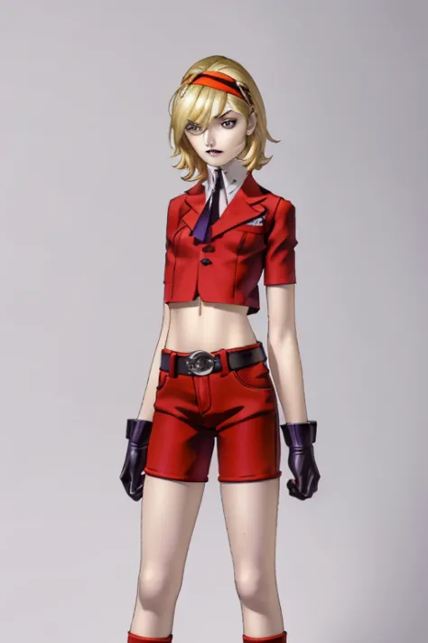  solo, girlfocus, 1girl, blonde emo hair covering left eye, purple suit, red neck tie, gloves, red shorts, belt, black socks, heels,silver buttons, red eyes, headband, white shirt kaneko kazuma, white background, standing still